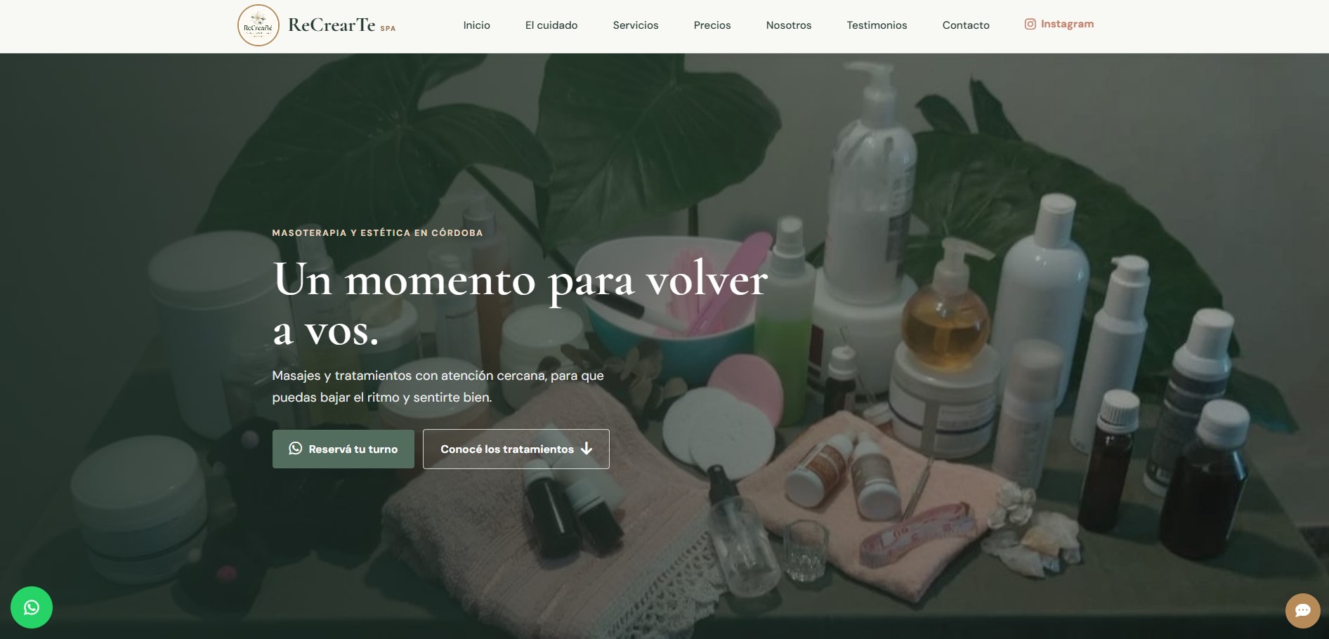 Sitio web de ReCrearTe Spa, con información sobre masajes y tratamientos